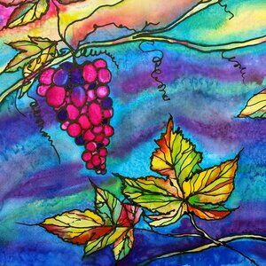 SALE: Hand Painted Habotai Silk Scarf - "Sunset Grapevine" - 22" x 22"